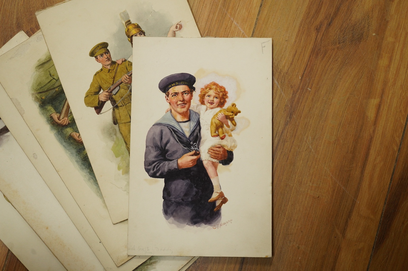 Charles Thomas Howard (1865–1942), eight original WWI watercolours for patriotic postcard designs to include ‘Soldiers of the Allied Nations’ and ‘Britannia and Solider’ unframed, some signed, 17 x 25cm. Condition - fair